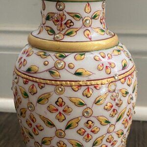 Marble Stone Flower Vase 9" Emboss Hand Carved Pot Handicraft Meenakari Painted